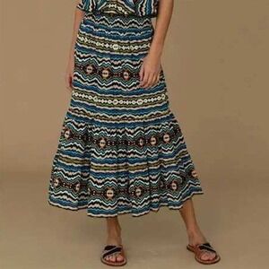 Elizabeth James The Label Ikat Stripe Aztec Boho Cotton Smocked Maxi Skirt Large